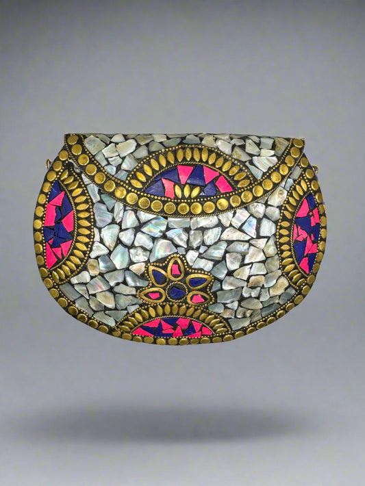 Hardshell Clutch Bag - Silver & Pink
